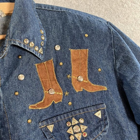 Denim maxi Dress Womens 14 Full Button Front Western Studded Cowboy Boots Hat - Picture 6 of 15